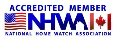 Accredited member logo of the National Home Watch Association (NHWA) featuring American and Canadian flags, symbolizing high standards and ethics in home watch services.