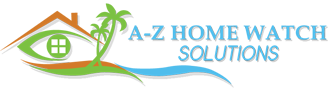 A-Z Home Watch Solutions logo featuring an eye, house, and palm tree, representing home watch services and property maintenance for homeowners.