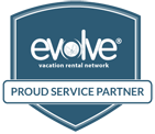 Evolve vacation rental network logo with "Proud Service Partner" badge, representing A-Z Home Watch Solutions' affiliation and commitment to quality home watch services.
